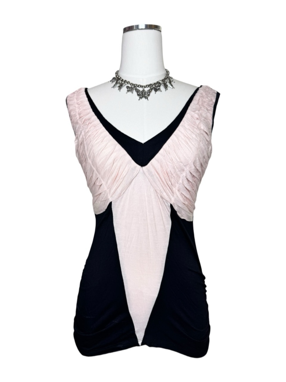 Y2K Wet Seal Color Block Baby Pink + Black V-Neck Tank Top Size Small